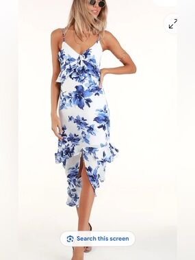 Lulu's White Midi Dress with Blue Floral Ruffles